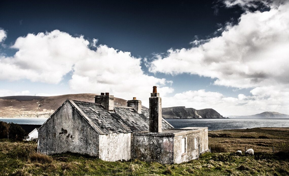 hut, ruins, house, nature, abandoned, ireland, sea, clouds, landscape, lapsed