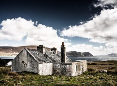 hut, ruins, house, nature, abandoned, ireland, sea, clouds, landscape, lapsed