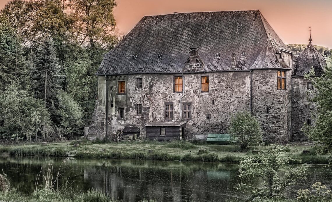 architecture, building, castle, old, krayerhof, andernach, wall, stone, slate roof, pond, house, stone house, historical, masonry, bricked up, lake, reflection, nature, landscape, castle, castle, castle, castle, castle, pond, house, house, house, house